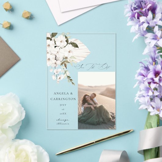 白Bohoフローラ日付写真を保存 アクリル招待状 (インサイチュ (ウェディング))