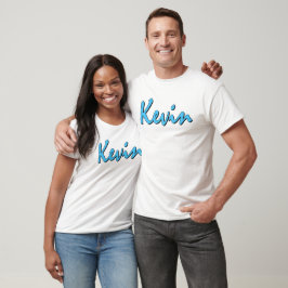 白Tシャツの青いKevinロゴ Tシャツ