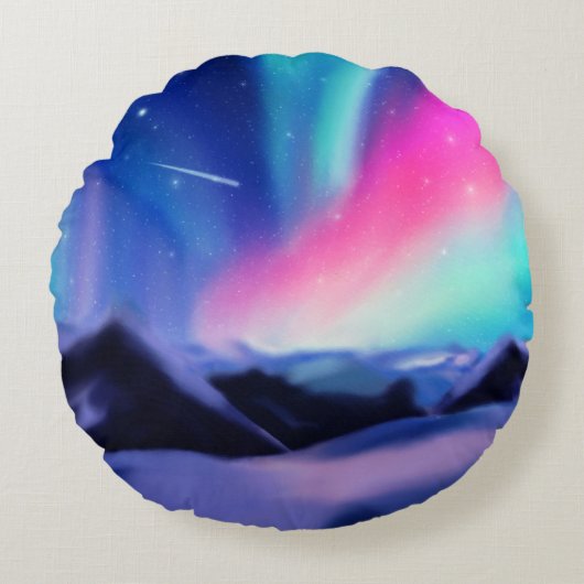 百万のオーロラが枕を囲んで夢を見る ラウンドクッション (正面)