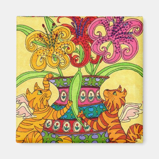 百合の花瓶華美を持つネコの妖精 マグネット (正面)