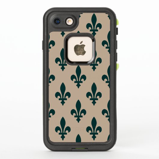 百合紋様、クリーム地にロイヤルブルーグリーン LifeProof iPhoneケース (裏面)