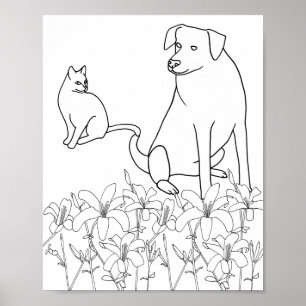 百合花の猫と犬、輪郭、ポスター ポスター