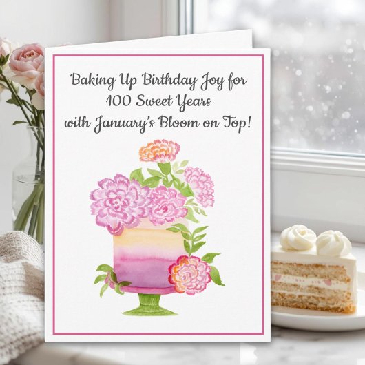 百歳の誕生日ケーキ 紫のカーネーション カード