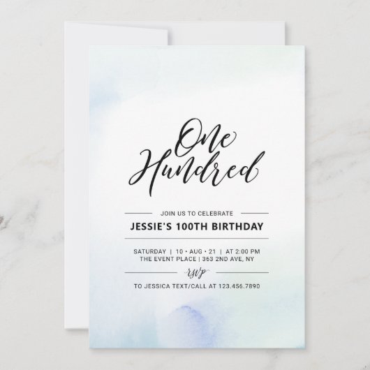 百 |第ミニマル100回バースデーパーティーの水彩 招待状 (正面)