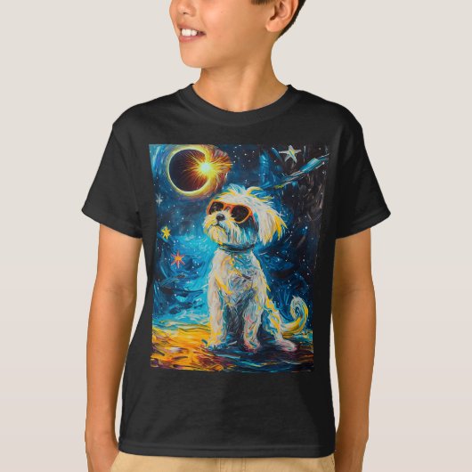 皆既食太陽のマルチーズ犬 Tシャツ (正面)