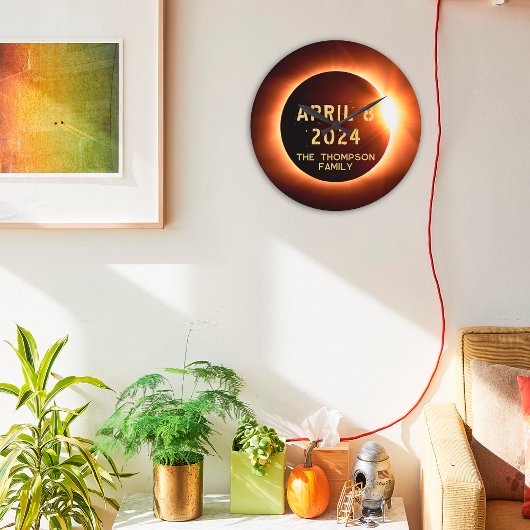 皆既食太陽の2024年4月8パーソナライズされた日 ラージ壁時計