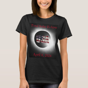 皆既食太陽の2024年4月8日アメリカ国旗 Tシャツ