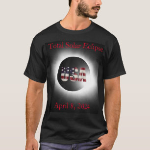 皆既食太陽の2024年4月8日アメリカ国旗 Tシャツ