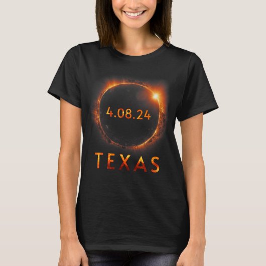 皆既食太陽の2024年4月8日テキサス州太陽の首飾 Tシャツ (正面)