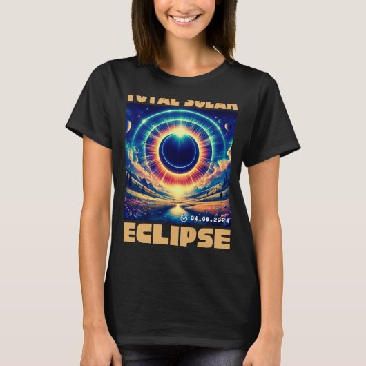皆既食太陽の2024年4月8日テキサス州太陽の首飾 Tシャツ (正面)