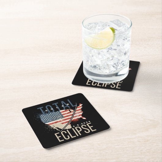 皆既食太陽の4.8.2024アメリカの地図パーソナライズされた スクエアペーパーコースター (インサイチュ)