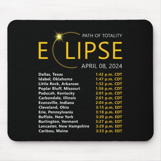 皆既食太陽のApirl 08 2024 EclipseマップTota マウスパッド (正面)