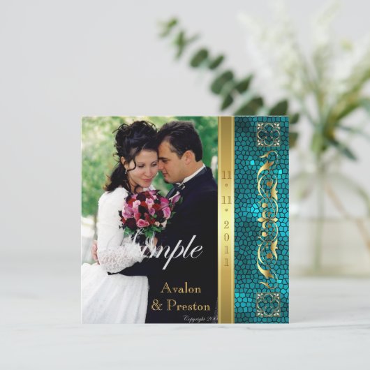 皇帝のティール（緑がかった色）のステンドグラスの写真の招待状 招待状 (スタンド正面)