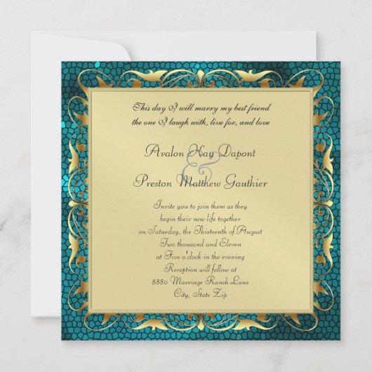 皇帝のティール（緑がかった色）のステンドグラスの写真の招待状 招待状 (裏面)