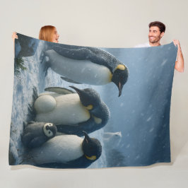 皇帝ペンギンの親子とヒナ 雪景色 フリースブランケット