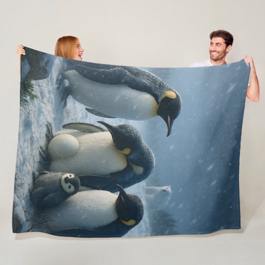皇帝ペンギンの親子とヒナ 雪景色 フリースブランケット (インサイチュ)