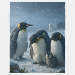 皇帝ペンギンの親子とヒナ 雪景色 フリースブランケット