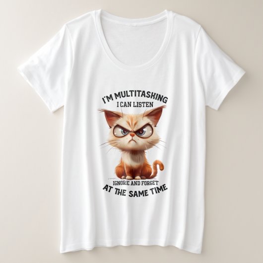 皮肉おもしろい数々のな猫ワードアート プラスサイズTシャツ (デザイン正面)