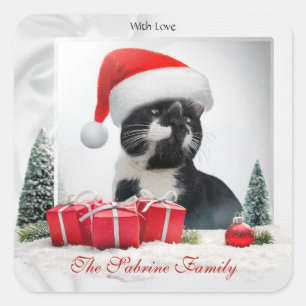 皮肉なおもしろい猫サンタスハットクリスマスステッカー スクエアシール