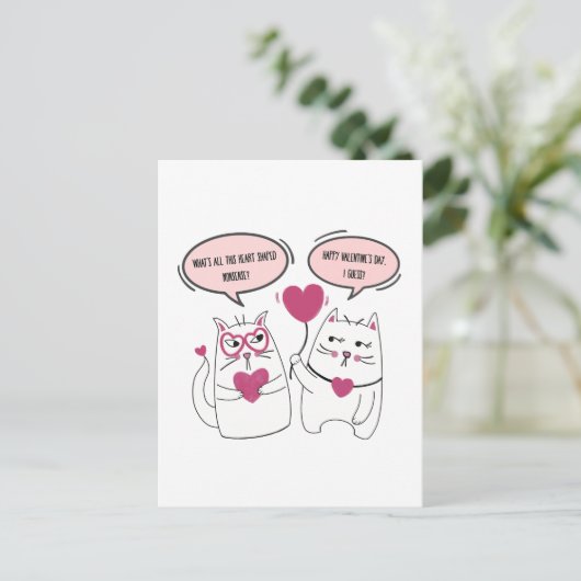 皮肉なバレンタインデーの漫画キャットカップル ポストカード (スタンド正面)