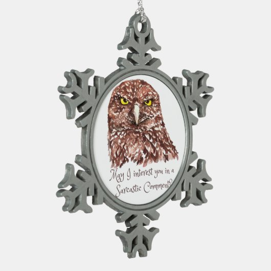 皮肉なユーモア引用文水の色の不機嫌なフクロウ スノーフレークピューターオーナメント (左)