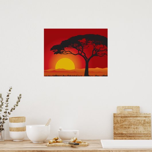盆栽の下のブリリアント赤い夕日 ポスター (キッチン)