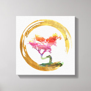 盆栽の木。 禅のEnsoの円。 水彩画の芸術 キャンバスプリント