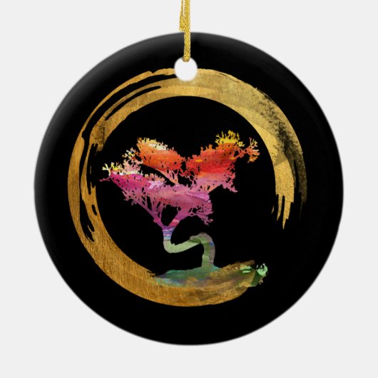 盆栽の木。 禅のEnsoの円。 水彩画の風水 セラミックオーナメント (裏面)