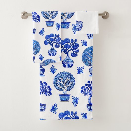 盆栽の模様 – コバルトブルーとホワイト バスタオルセット (インサイチュ)
