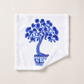 盆栽の模様 – コバルトブルーとホワイト バスタオルセット (ウォッシュタオル)