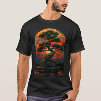 盆栽アートの夕焼け 日本庭園の静けさ Tシャツ
