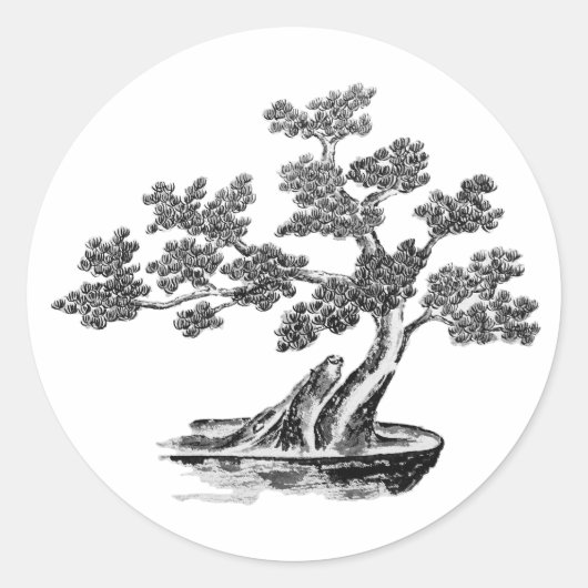 盆栽 – 中国のスタイル – 白黒 ラウンドシール (正面)