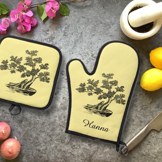 盆栽 – 中国のスタイル – 白黒 鍋つかみ&鍋敷きセット