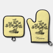 盆栽 – 中国のスタイル – 白黒 鍋つかみ&鍋敷きセット (正面)