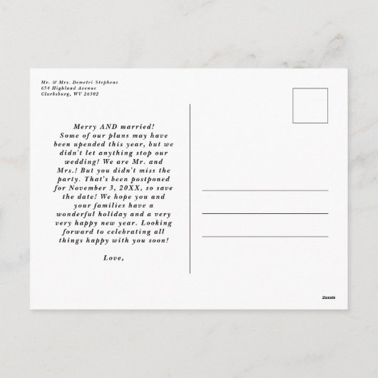 盛大な休日結婚の写真発表 シーズンポストカード (裏面)