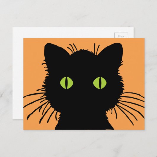 目が膨らんだ大きな緑の目をした黒猫 ポストカード (正面/裏面)