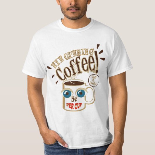 目が覚めるコーヒー - 笑顔の大きな目のマグカップ Tシャツ (正面)