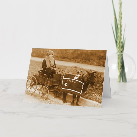 目が覚めろビリー！ヴィンテージヤギの女の子 箔グリーティングカード (正面)