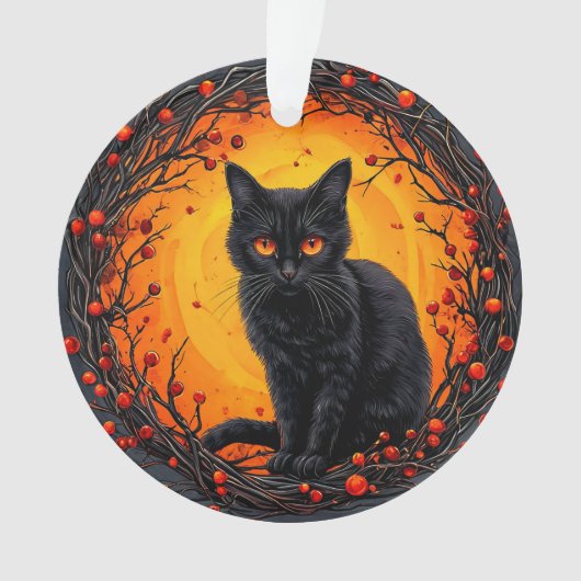 目つきハロウィン白熱［赤熱］光を放つ黒猫 オーナメント (正面)