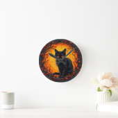 目つきハロウィン白熱［赤熱］光を放つ黒猫 ラウンド壁時計 (ホーム)