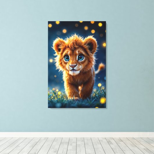 目で愛らしい毛皮のライオンきらめくの子 キャンバスプリント (インサイチュ (ウッドフロア))