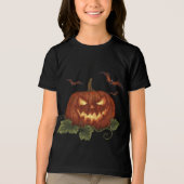 目とこうもりの白熱［赤熱］光を放つ大きなカボチャ トライブレンドＴシャツ (正面)