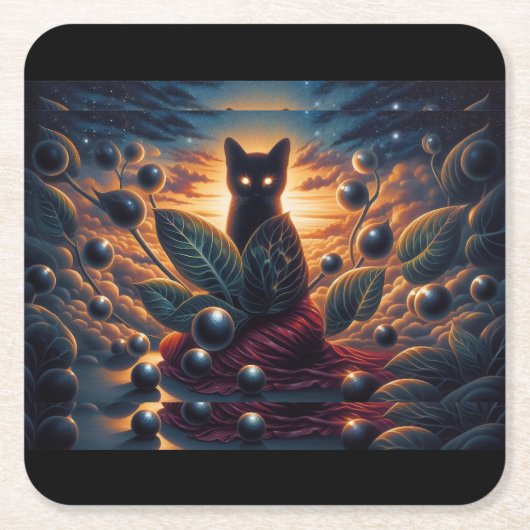 目と星白熱［赤熱］光を放つ付き超現実的な宇宙猫 スクエアペーパーコースター (正面)