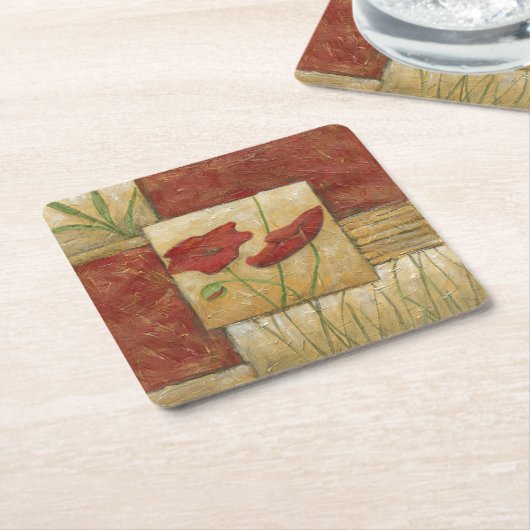 目に見えるブラシの打撃との花の絵画 スクエアペーパーコースター (アングル)