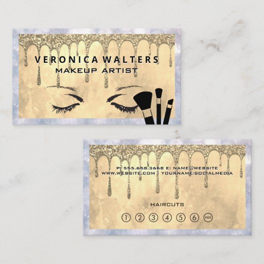 目のまぶし | 金ゴールドグリッター滴 | メイクアップブラシ ロイヤリティカード (正面/裏面)