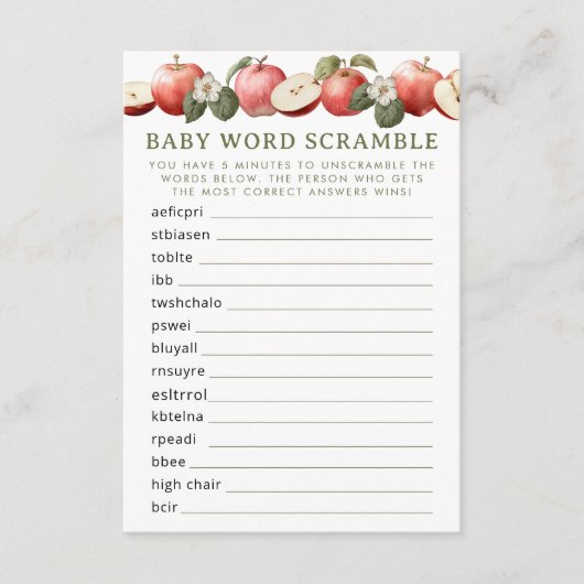 目のアップルベイビーシャワーワードスクランブルゲーム エンクロージャーカード (正面)