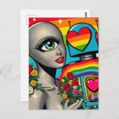 目のエイリアンがロボットに恋するシルバー ポストカード (正面/裏面)