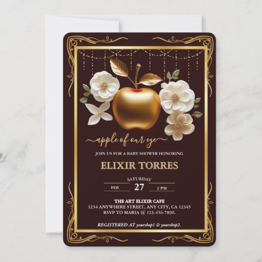 目のエレガント金ゴールドのアップルベイビーシャワー 招待状 (正面)