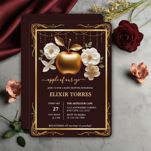 目のエレガント金ゴールドのアップルベイビーシャワー 招待状