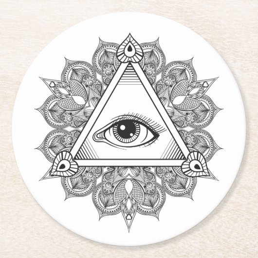 目のピラミッドの記号の落書き ラウンドペーパーコースター (正面)